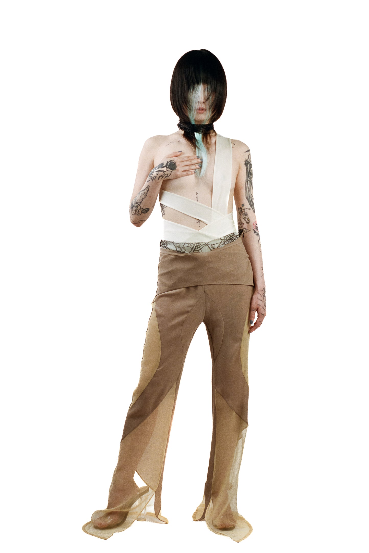WARM GREY AND SAND SEMI TRANSPARENT SUIT PANTS