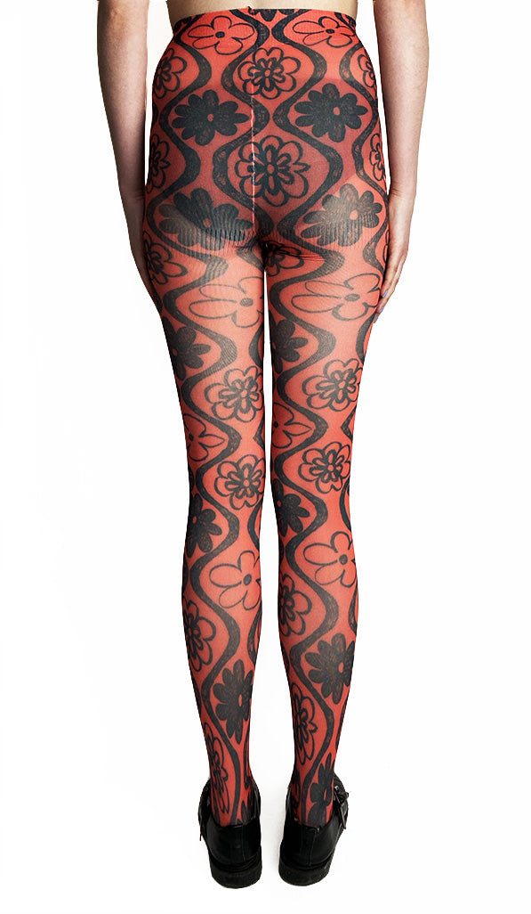 Recycled Polyester Sketch Flower Tights - White, Blue, Red
