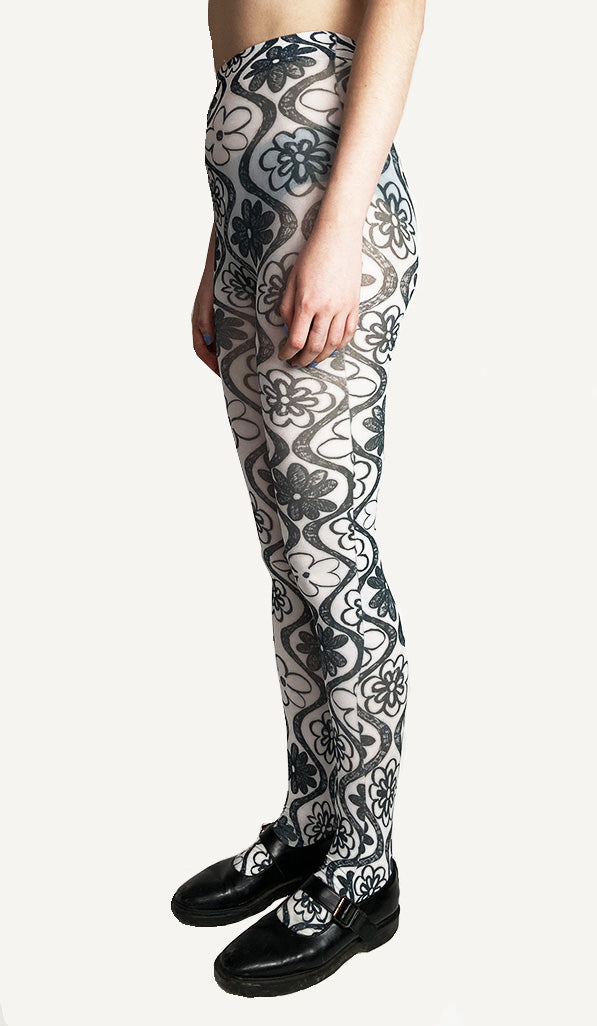 Recycled Polyester Sketch Flower Tights - White, Blue, Red