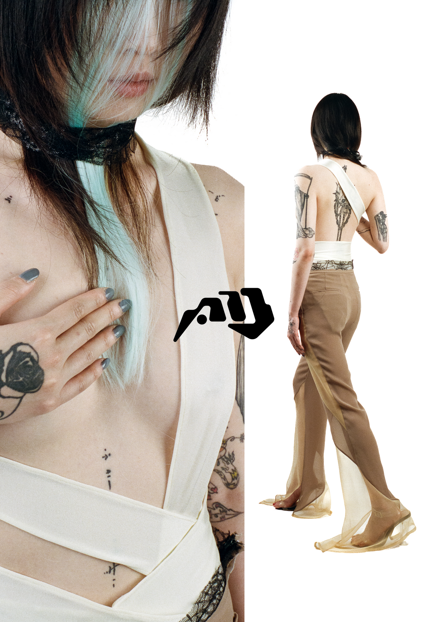 WARM GREY AND SAND SEMI TRANSPARENT SUIT PANTS