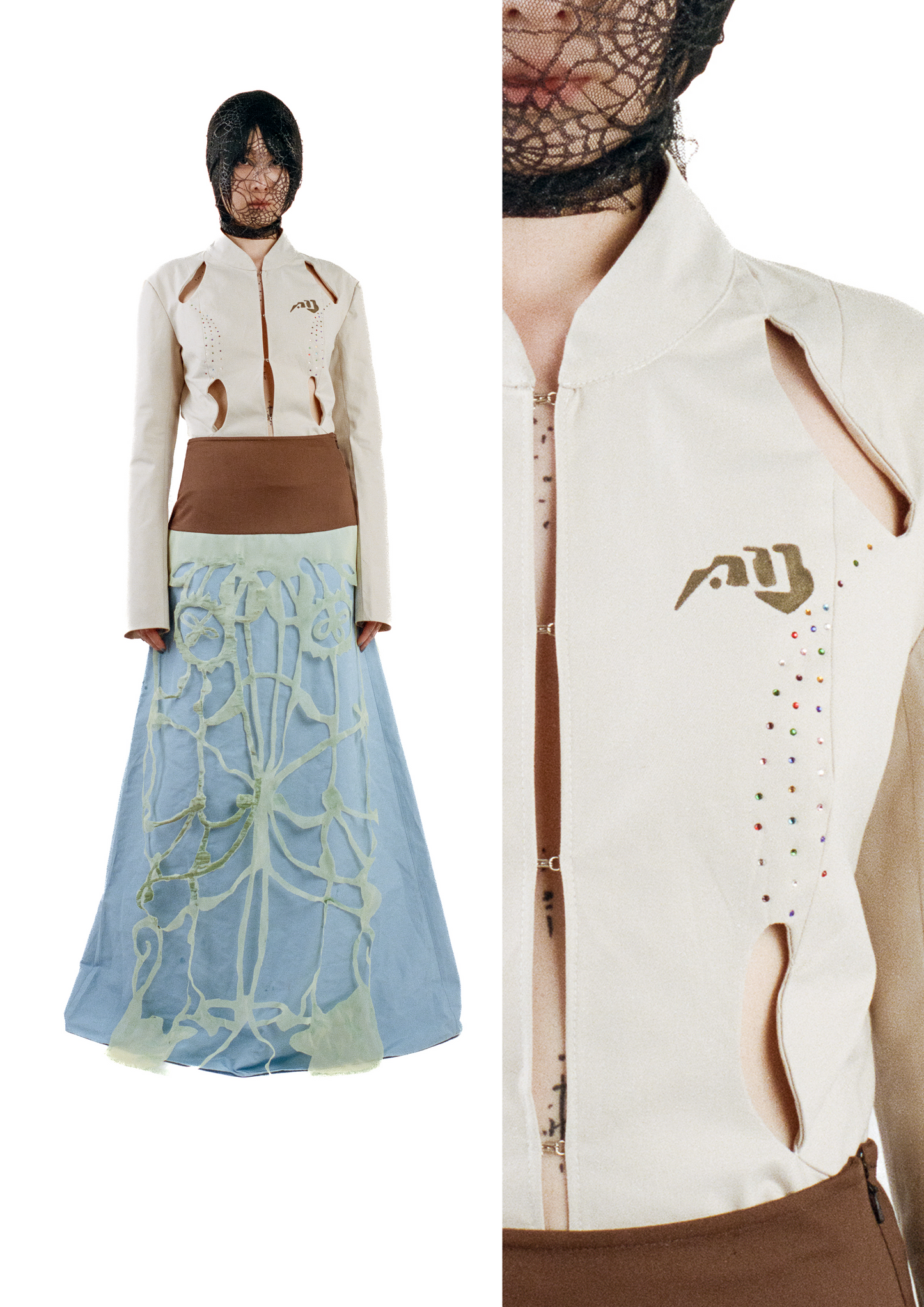 BEIGE JACKET WITH WATER DROP SHAPED RHINESTONE AND CUTOUTS