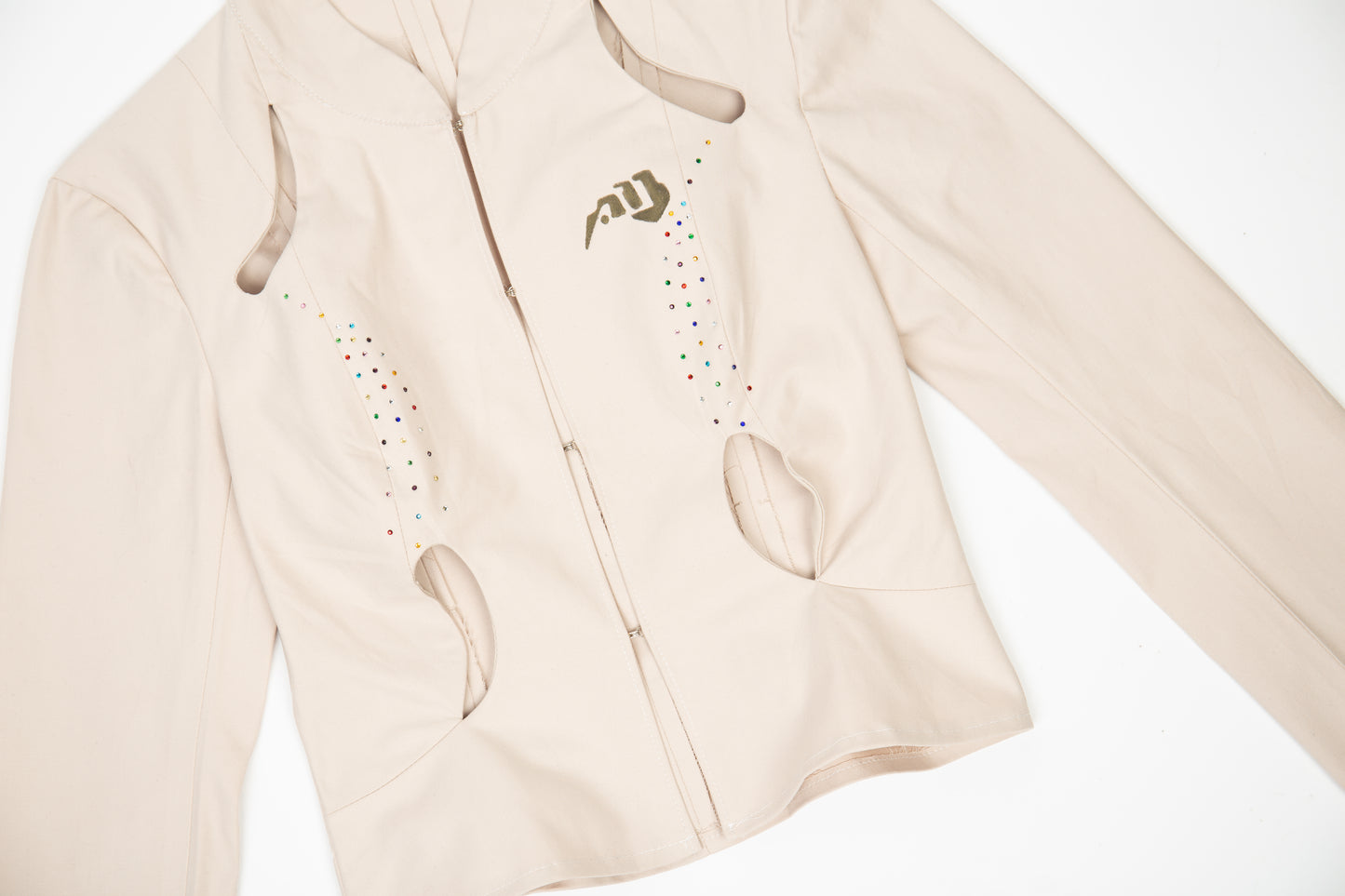 BEIGE JACKET WITH WATER DROP SHAPED RHINESTONE AND CUTOUTS