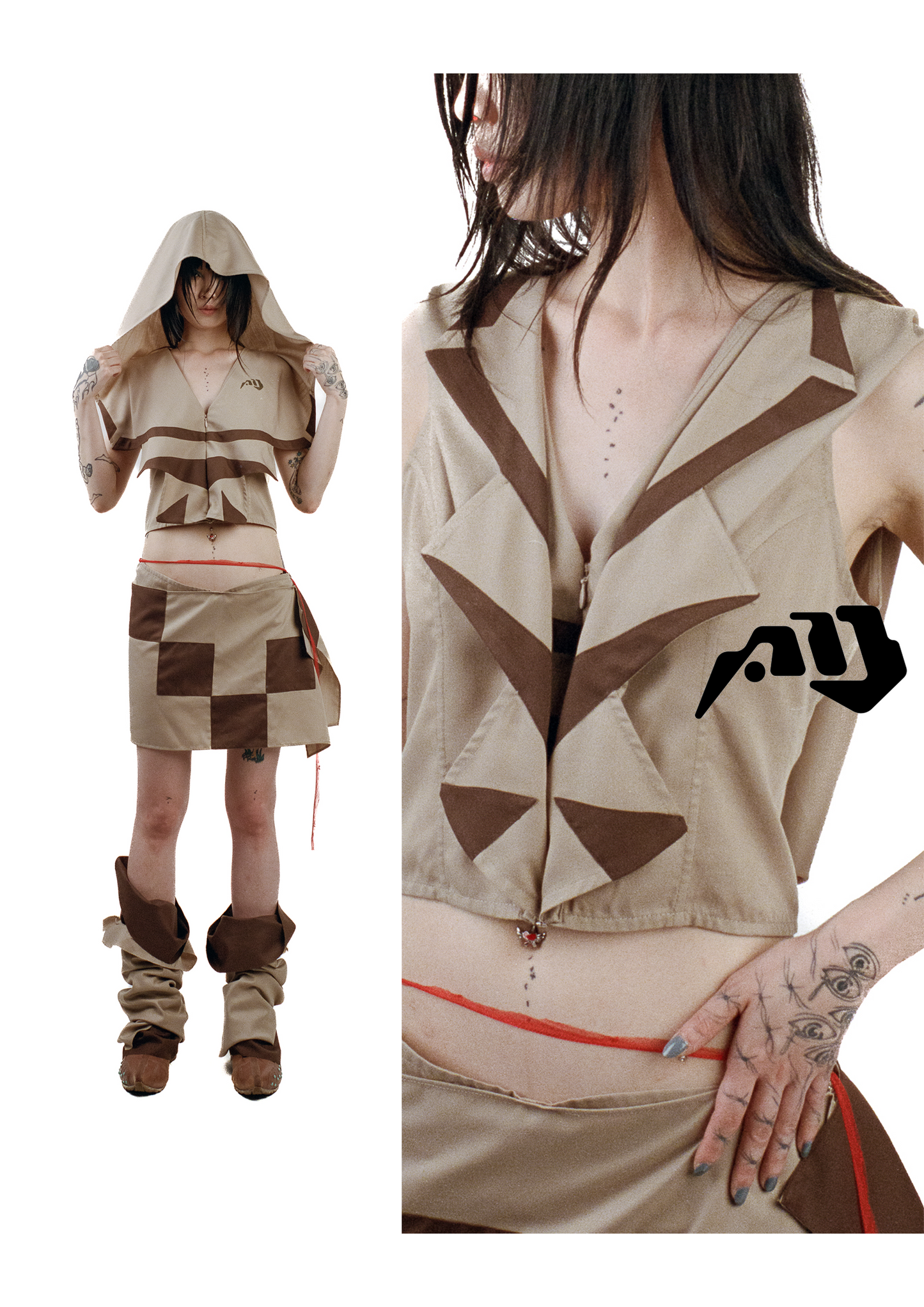 SAND AND BROWN VEST WITH HOOD